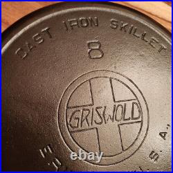 Griswold Cast Iron Skillet #8, Slant Large Block Log0, 704, Heat Ring, c1909-29