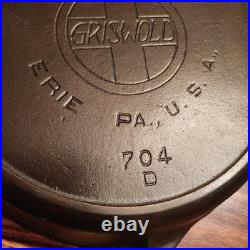 Griswold Cast Iron Skillet #8, Slant Large Block Log0, 704, Heat Ring, c1909-29