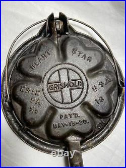 Griswold Heart Star NO. 18 Cast Iron Waffle Iron 919 920 913B Low Base Vintage