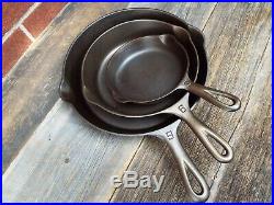 Griswold Large Logo 3 PC set #'s 3, 6, & 9 Cast Iron Skillets, restored