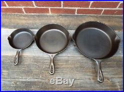 Griswold Large Logo 3 PC set #'s 3, 6, & 9 Cast Iron Skillets, restored