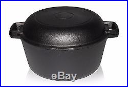 Heavy Duty Pre-Seasoned Cast Iron Double Dutch Oven with Skillet Lid, 5-Quart New
