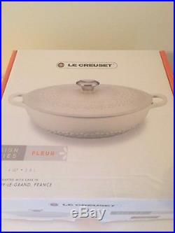 LE CREUSET 4QT Signature Cast Iron Fleur Round Dutch Oven Brand New WHITE