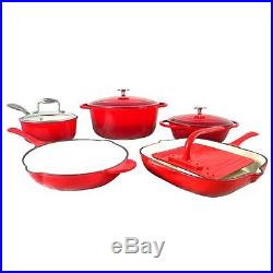 Le Chef 9-Piece Enamel Cast Iron Red Cookware Set. On Sale