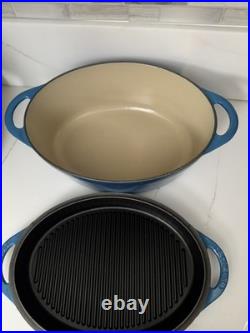 Le Creuset 28 Blue Cast Iron Dutch Oven with Grill Pan Lid