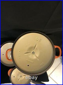 Le Creuset 3Pc Set Orange Flame #20 Dutch Oven #18 & #16 Sauce Pan w Lid Handle