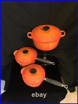 Le Creuset 3Pc Set Orange Flame #20 Dutch Oven #18 & #16 Sauce Pan w Lid Handle