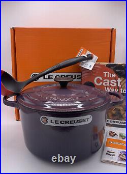 Le Creuset CASSIS Cast Iron Deep Round Oven 5 1/4 qt, ladle and cookbook