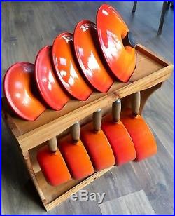 Le Creuset Cast Iron 5 Saucepan Set Lids Holder Stand Volcanic Orange Enamel