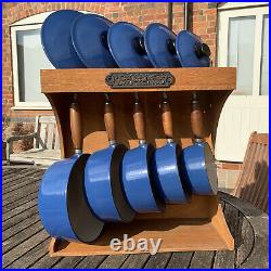 Le Creuset Enamelled Blue Cast Iron 5 Pans Set With Le Creuset Wooden Rack