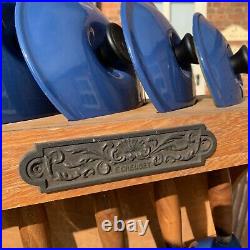 Le Creuset Enamelled Blue Cast Iron 5 Pans Set With Le Creuset Wooden Rack