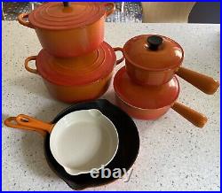 Le Creuset Flame Orange Set 10 PC Cast Iron Dutch Ovens Skillets Saucepans Lids