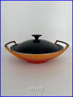 Le Creuset Flame Orange Wok Cast Iron With Black Plastic Lid USED