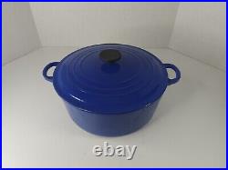 Le Creuset France #28 7.25 Qt Cobalt Blue Cast Iron Round Dutch Oven EUC LOOK