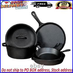 Lodge Cookware Set Black Cast Iron Round Pre-Seasoned Easy-Grip Handles 5-Piece