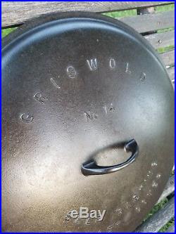 MAGNIFICENT GRISWOLD #14 cast iron RAISED LETTER low dome skillet cover lid 1925