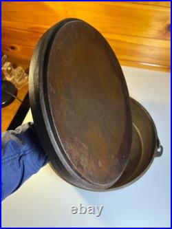Massive Antique Lodge #14 Cast Iron Camp Dutch Oven Matching Coal Lid w Legs