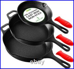 Nutrichef Nonstick Pans Set Cast Iron Skillet With Silicone Handle, 8, 10 & 12