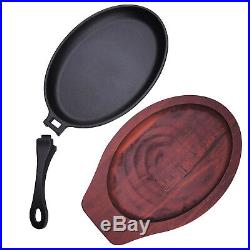 Oval Shape Cast Iron Frying Pan Skillet Grill Platter With Wooden Serving Board