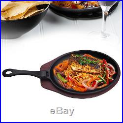 Oval Shape Cast Iron Frying Pan Skillet Grill Platter With Wooden Serving Board