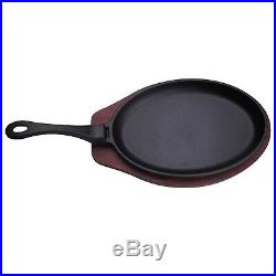 Oval Shape Cast Iron Frying Pan Skillet Grill Platter With Wooden Serving Board