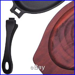 Oval Shape Cast Iron Frying Pan Skillet Grill Platter With Wooden Serving Board