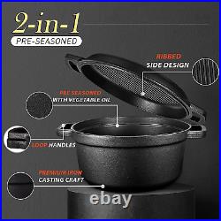 Pre-Seasoned Cast Iron 2-In-1 Heavy-Duty 5.5Qt Dutch Oven with Skillet Lid Set