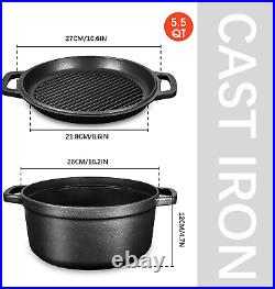 Pre-Seasoned Cast Iron 2-In-1 Heavy-Duty 5.5Qt Dutch Oven with Skillet Lid Set