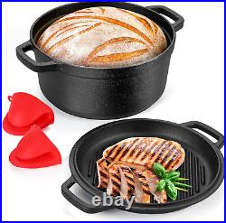 Pre-Seasoned Cast Iron 2-In-1 Heavy-Duty 5.5Qt Dutch Oven with Skillet Lid Set