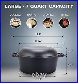 Pre-Seasoned Cast Iron Double Dutch Oven with Skillet Lid 7 Quart All-In-One C