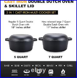 Pre-Seasoned Cast Iron Double Dutch Oven with Skillet Lid 7 Quart All-In-One C