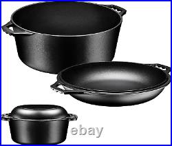 Pre-Seasoned Cast Iron Double Dutch Oven with Skillet Lid 7 Quart All-In-One C