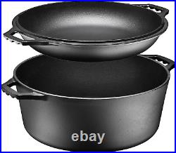 Pre-Seasoned Cast Iron Double Dutch Oven with Skillet Lid 7 Quart All-In-One C