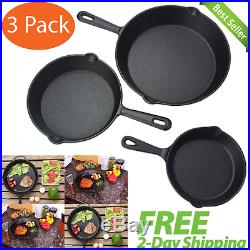 Pre-Seasoned Cast Iron Skillet 3 Pack Set Stove Oven Fry Pans Pots Cookware Pan