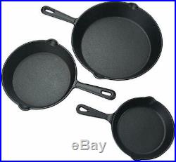 Pre-Seasoned Cast Iron Skillet 3 Pack Set Stove Oven Fry Pans Pots Cookware Pan