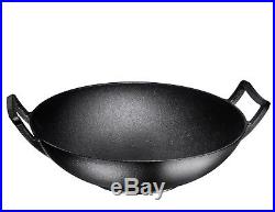 Pre-Seasoned Cast Iron Wok, Black, 14-inch with Large Loop Handles & Flat Base