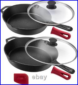 Premium Cast Iron Skillet Set 10 & 12 with Lids & Comfortable Grips