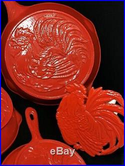 RARE 2005 Arthur Court Rooster Red Enamel Cast Iron Cookware Skillet Set Trivet