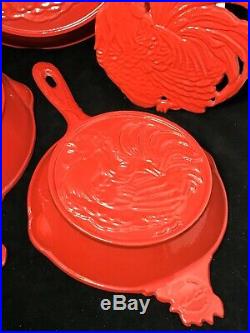 RARE 2005 Arthur Court Rooster Red Enamel Cast Iron Cookware Skillet Set Trivet