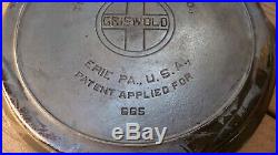 Rare 1932 GRISWOLD ROUND BREAKFAST SKILLET P/N 665 Cast Iron Cookware Frying Pan