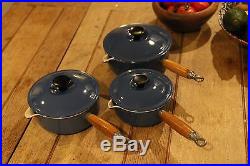 Rare New Le Creuset Cast iron Pan set x 3 Blue with Lids Real Vintage