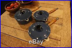 Rare New Le Creuset Cast iron Pan set x 3 Blue with Lids Real Vintage