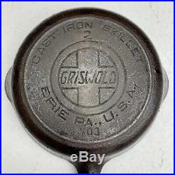Rare Vtg Griswold 2 Cast Iron Skillet 703 Slant Logo Erie Heat Ring Antique Htf