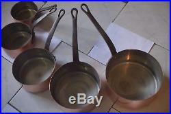 Saucer Pan Set (5) Vintage Made in France Copper Cast Iron Handles Tin Lining