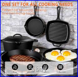 Set Cocina Hierro Fundido 6 Pzs Curado Olla 5QT Sartenes Parrilla Camping