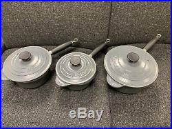 Set Of Three Genuine Le Creuset Pans Grey Cast Iron Saucepans Pots With Lids