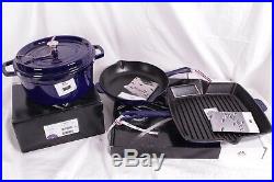 Staub Cast-Iron 4-piece cookware set Dutch oven, fry & grill pan, sapphire blue