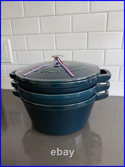 Staub Enameled Cast Iron 4-Piece Stackable Cookware Set La Mer BRAND NEW SEE Staub Enameled Cast Iron 4-Piece Stackable Cookware Set La Mer BRAND NEW SEE