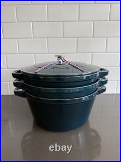 Staub Enameled Cast Iron 4-Piece Stackable Cookware Set La Mer BRAND NEW SEE