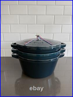 Staub Enameled Cast Iron 4-Piece Stackable Cookware Set La Mer BRAND NEW SEE
